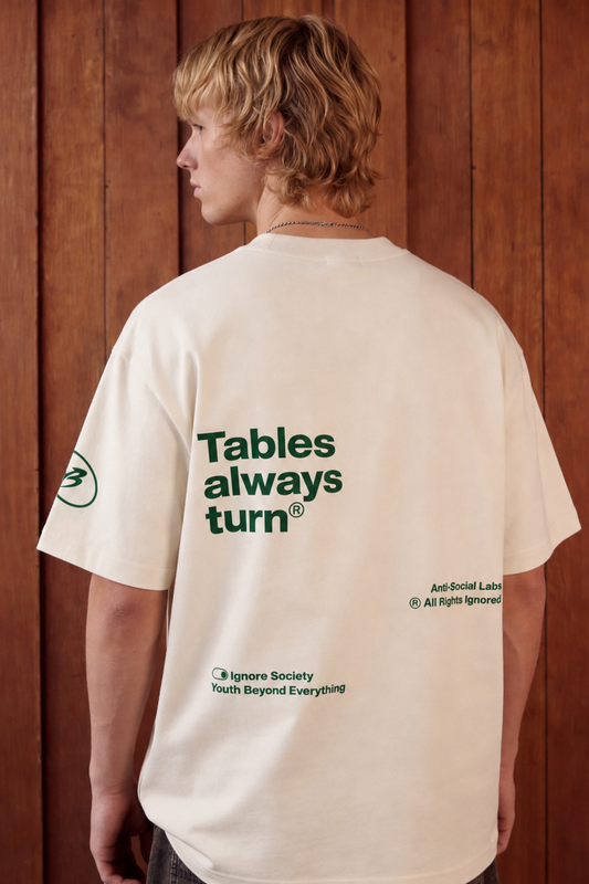 TABLES ALWAYS TURN OFF-WHITE OVERSIZED T-SHIRT