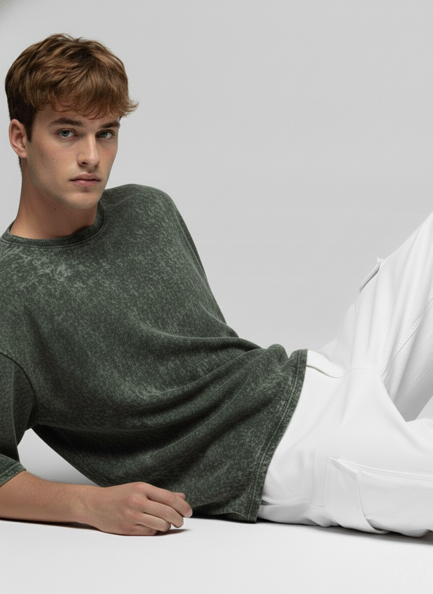 BOTTLE GREEN ACID WASH OVERSIZED T-SHIRT