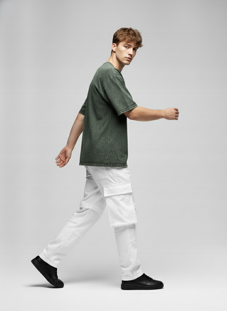 BOTTLE GREEN ACID WASH OVERSIZED T-SHIRT