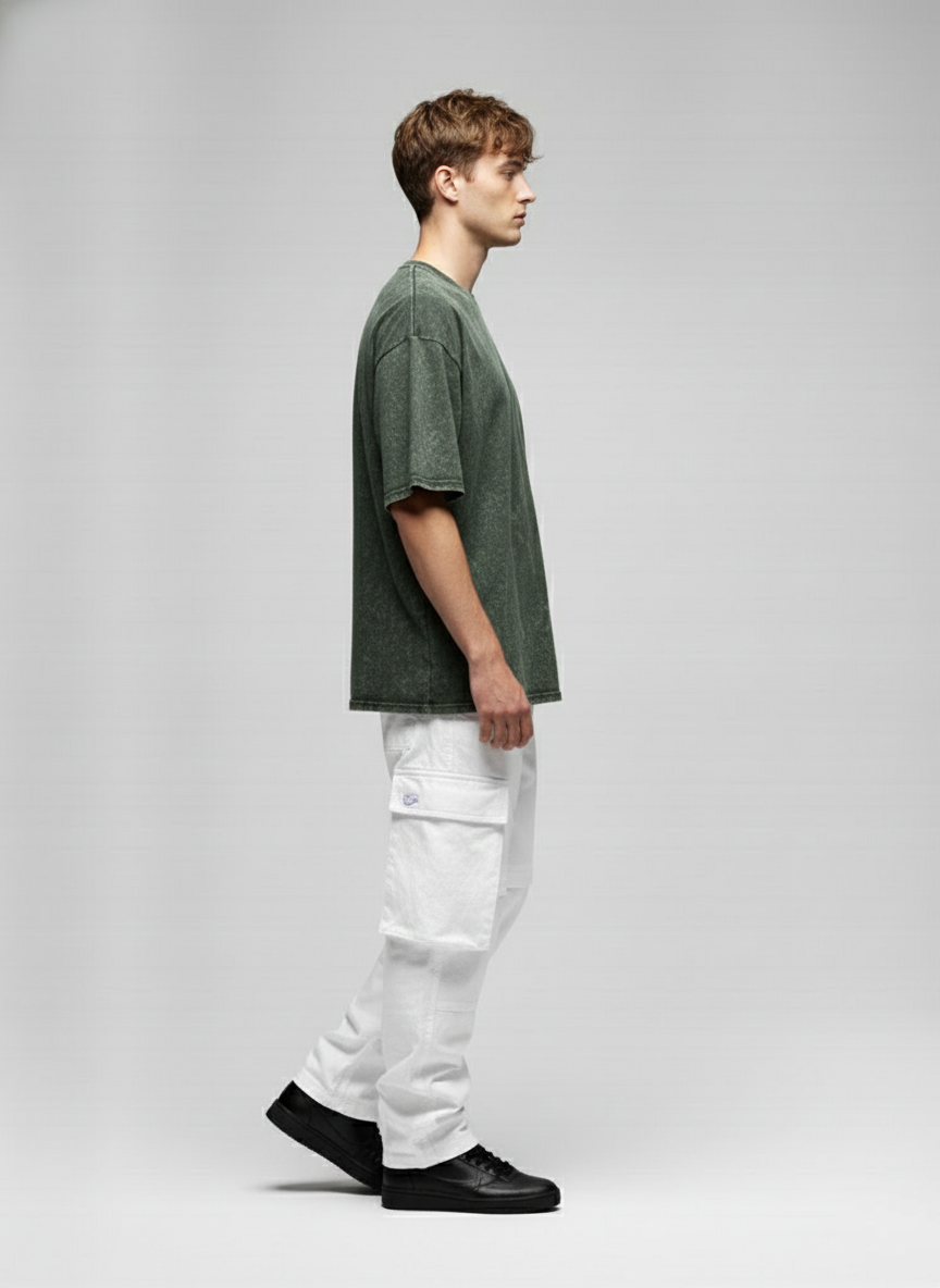 BOTTLE GREEN ACID WASH OVERSIZED T-SHIRT