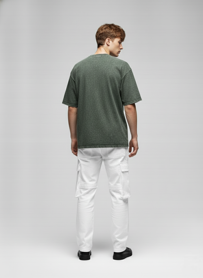 BOTTLE GREEN ACID WASH OVERSIZED T-SHIRT