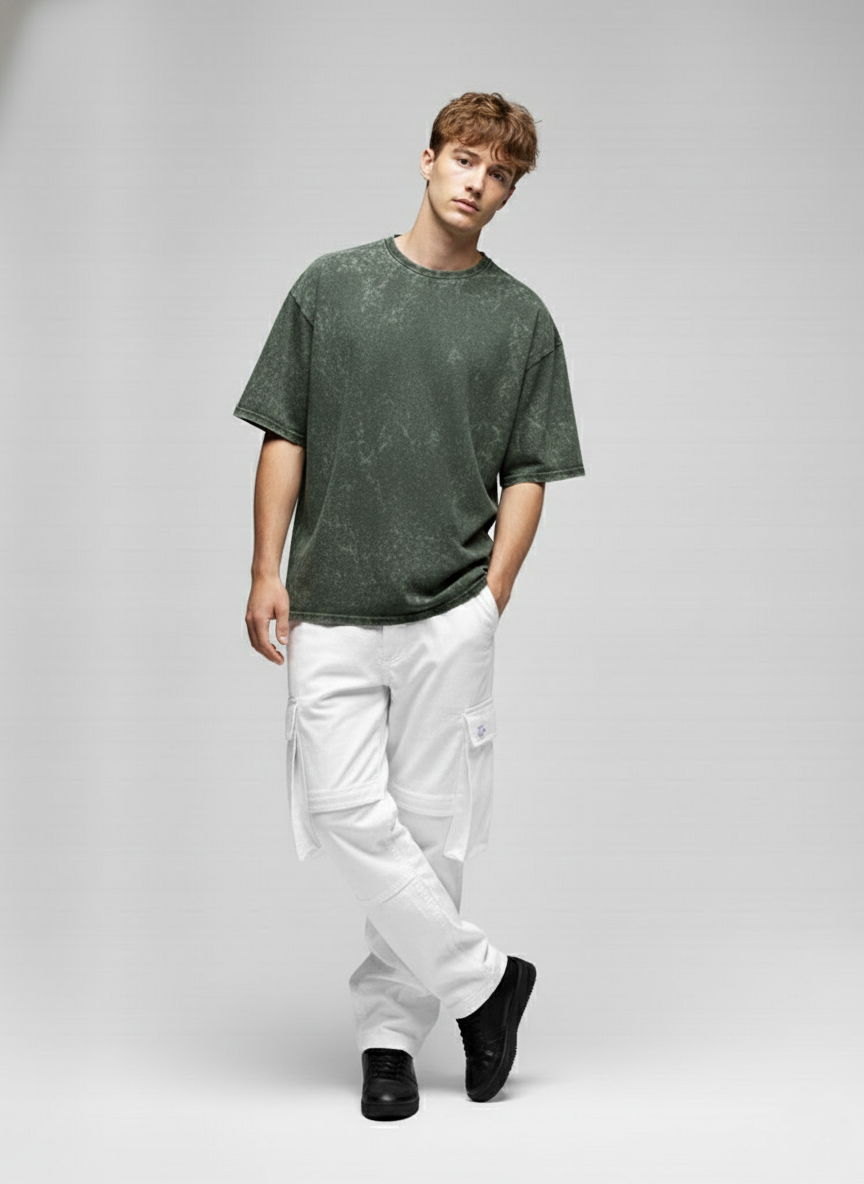 BOTTLE GREEN ACID WASH OVERSIZED T-SHIRT