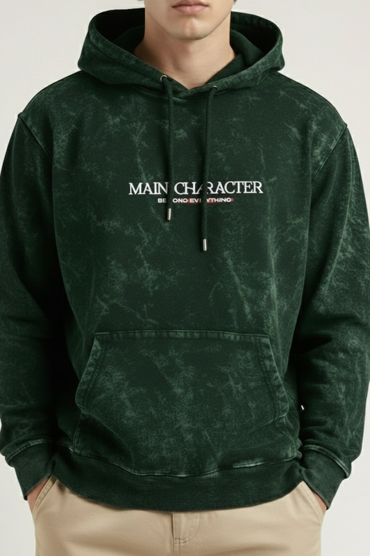 MAIN CHARACTER ACID WASHED HOODIE BOTTLE GREEN