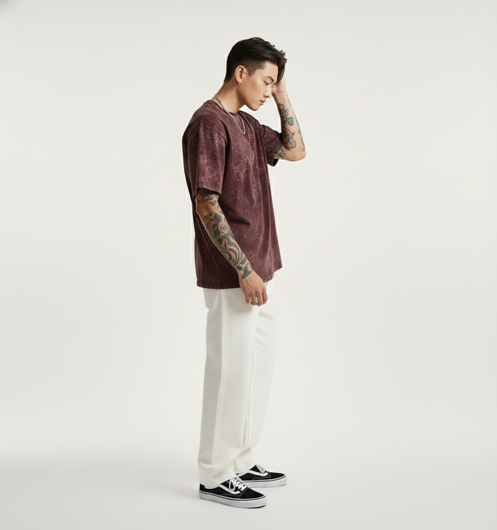 MAROON ACID WASH OVERSIZED T-SHIRT