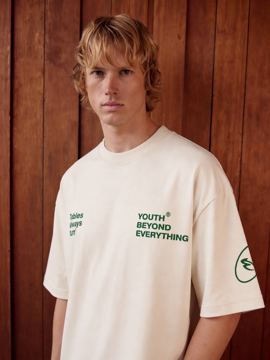 TABLES ALWAYS TURN OFF-WHITE OVERSIZED T-SHIRT