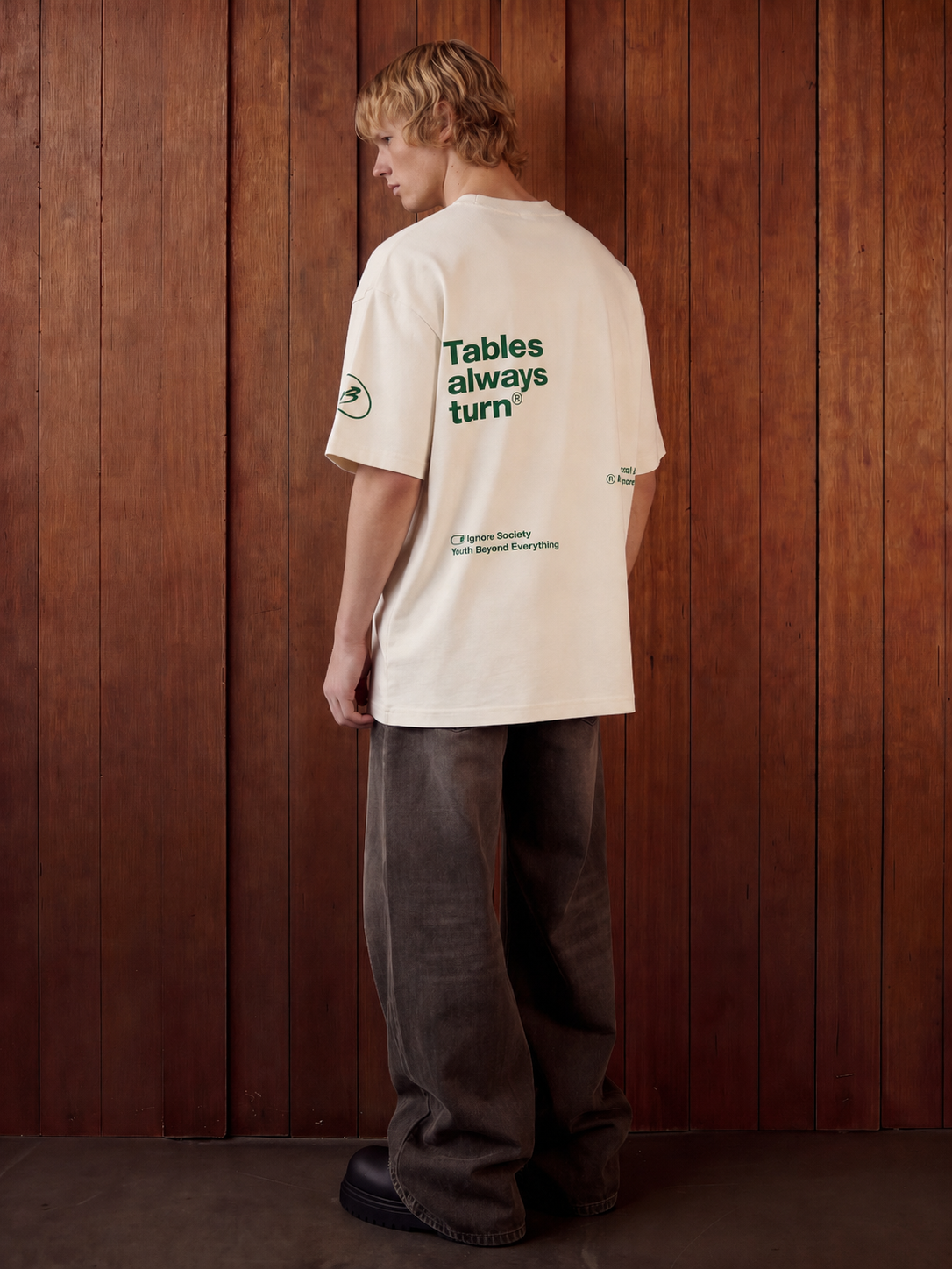 TABLES ALWAYS TURN OFF-WHITE OVERSIZED UNISEX T-SHIRT